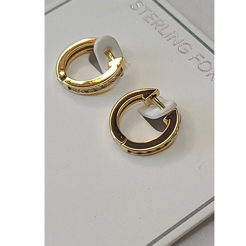 Sterling Forever Gold Tone Hoop Earrings CZ Crystal Accent‎ Sterling Silver